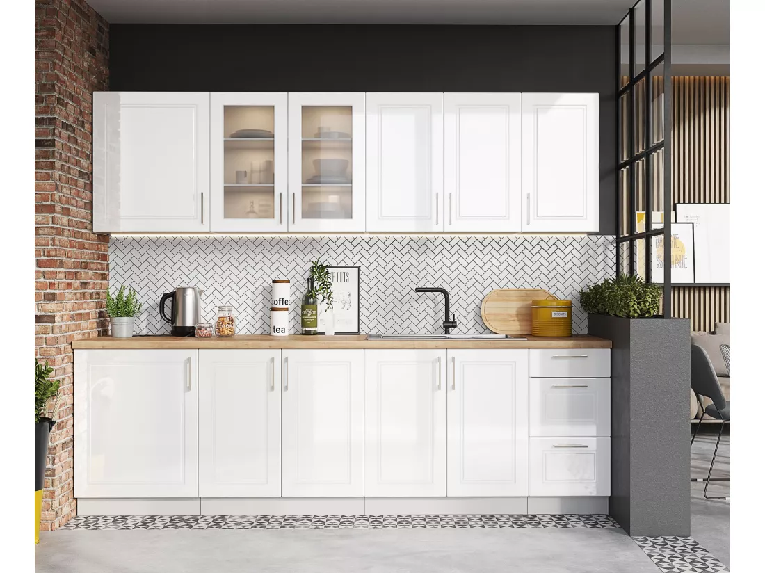 Cuisine complète Nela 8 éléments couleur blanc brillant - Longueur 260 cm