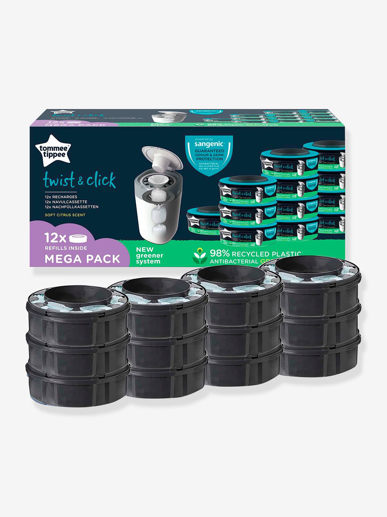 Pacote com 12 refis para cestos de fraldas Tec e Twist & Click TOMMEE TIPPEE Sangenic cinza médio liso