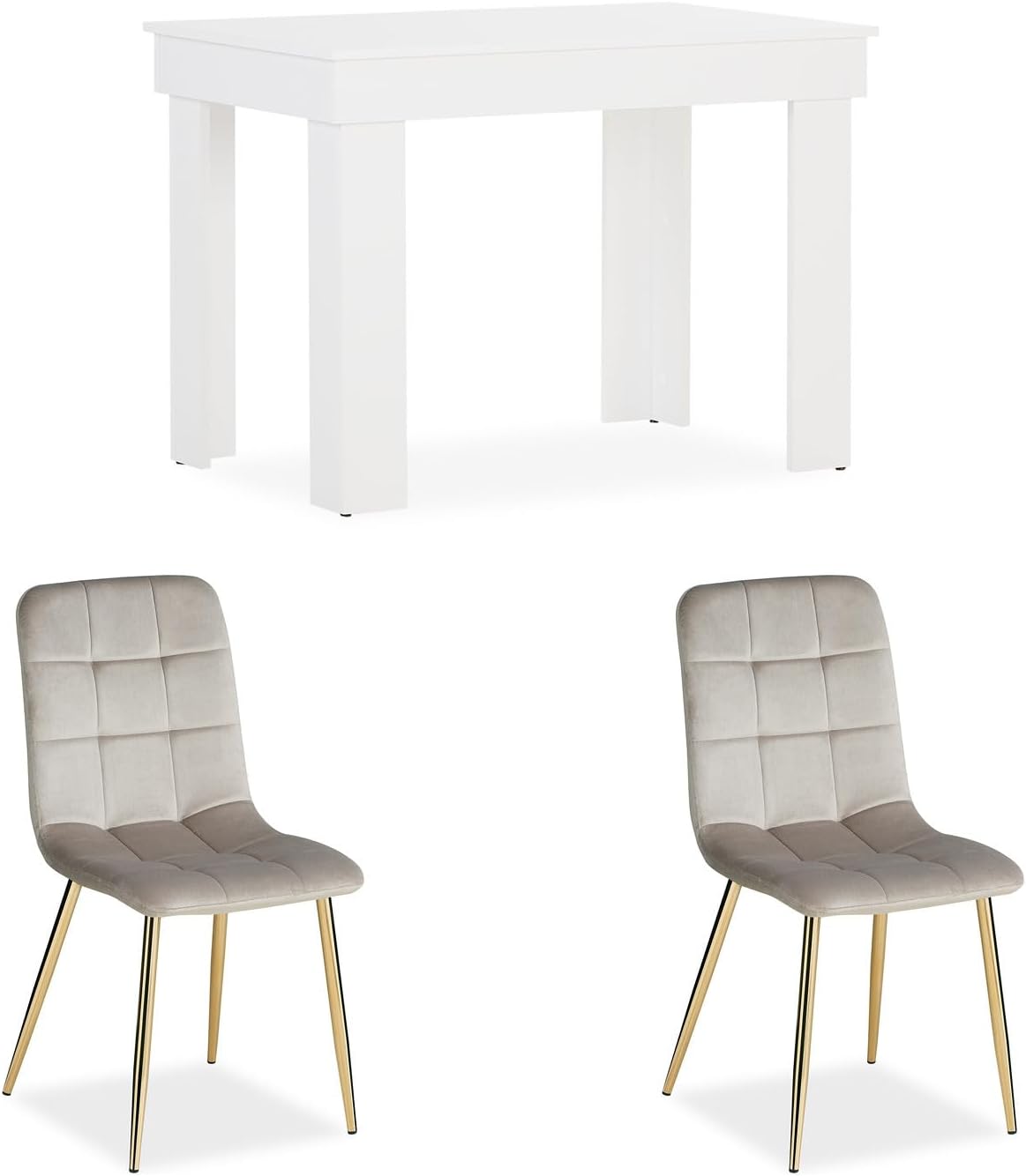 Homestyle4u 2755, Essgruppe mit 2 Stühlen Esstisch 90 x 60 cm Esszimmertisch Holz weiß Essstühle Hell Grau modern Tisch