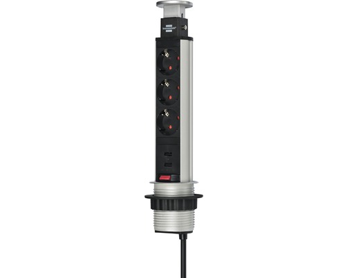 Brennenstuhl uitschuifbare 3-voudige stekkerdoos met USB-torenlader 3G1.5 zilver 2 m