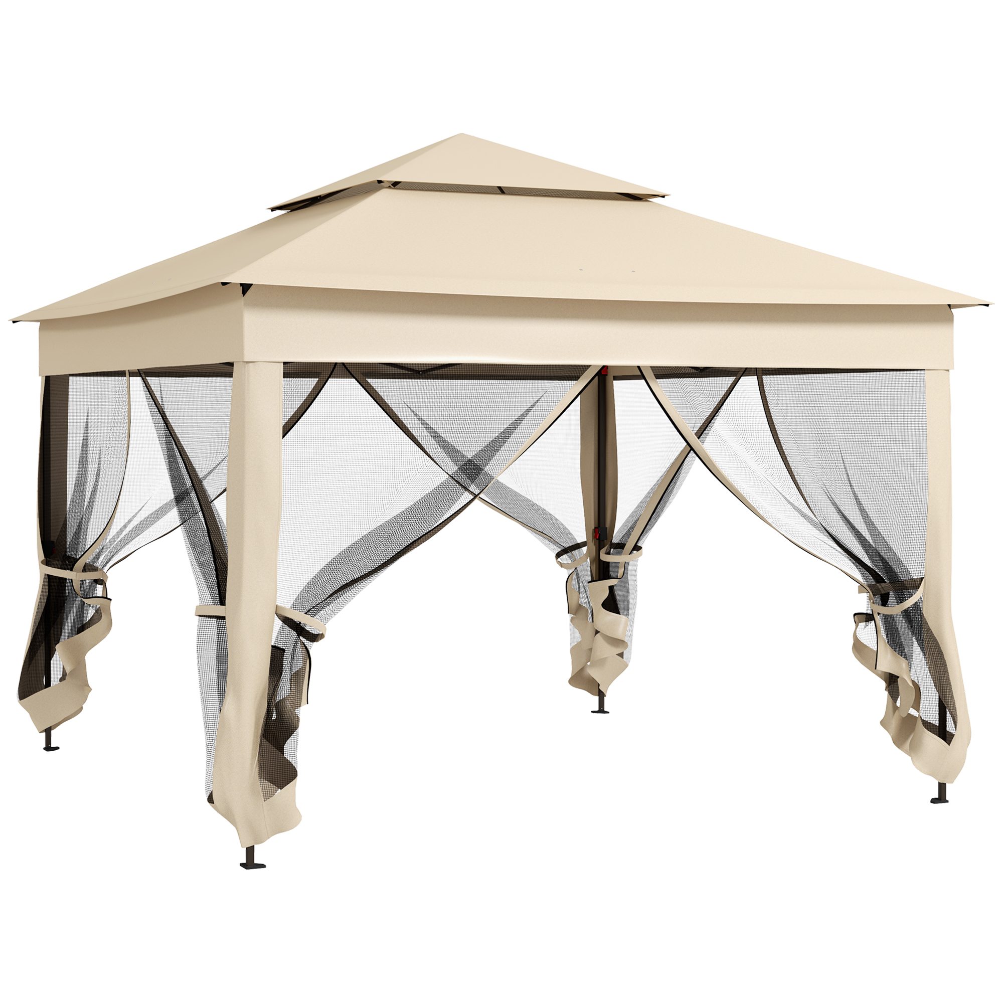 Tenda dobrável Outsunny 325x325x270 cm, gazebo de jardim com teto duplo, paredes laterais removíveis e estrutura metálica para acampamentos e festas, cor creme.