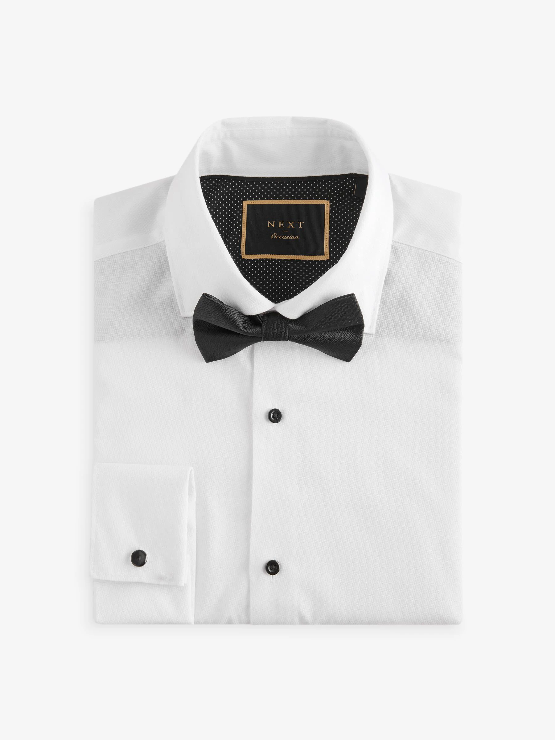 Witte structuur/zwarte vlinderdas - Regular Fit Double Cuff Shirt And Bow Tie Pack