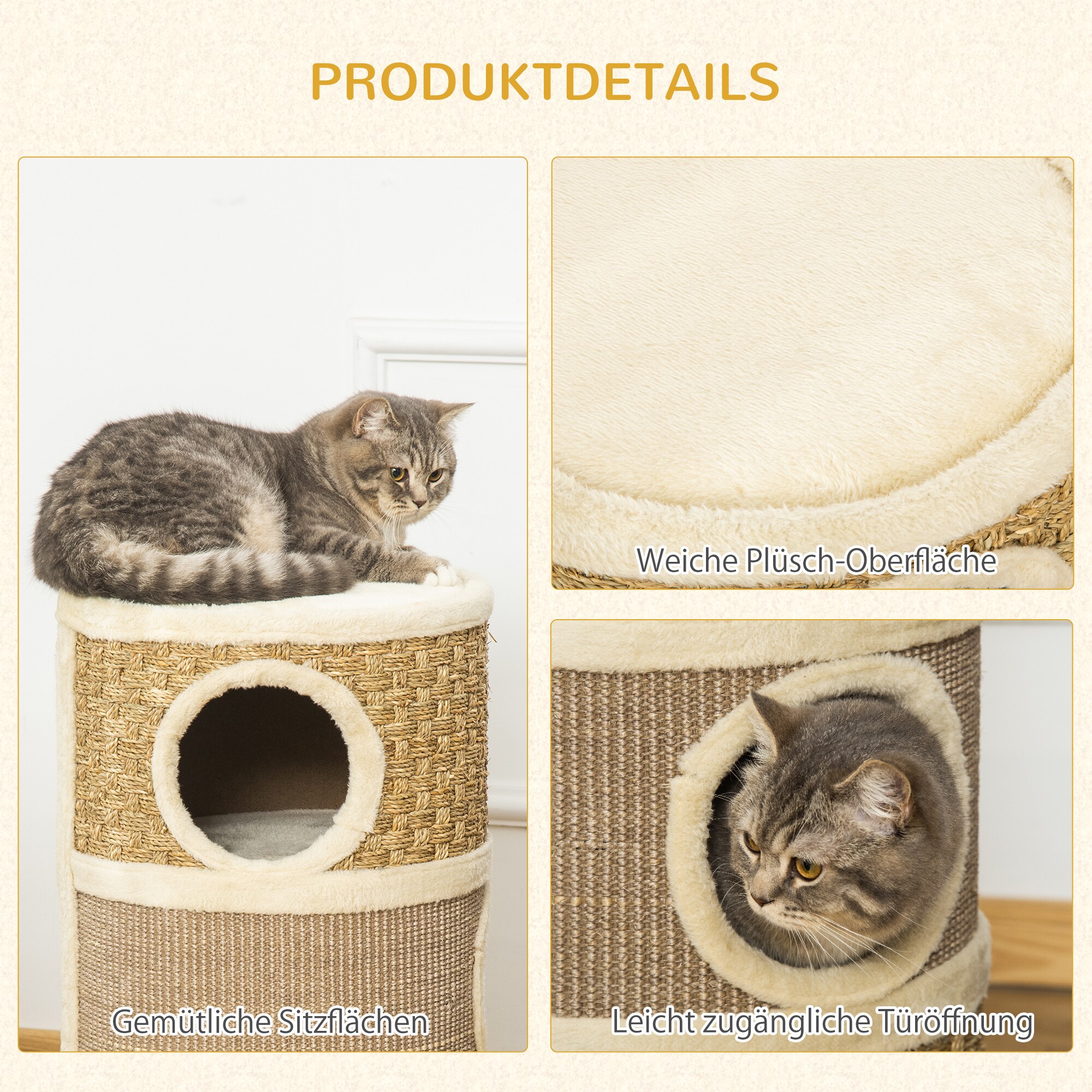 PawHut Katzenkratzturm 3 Stockwerke, Kratzbaum Khaki, Braun 37,5 x 37,5 x 70 cm (LxBxH)