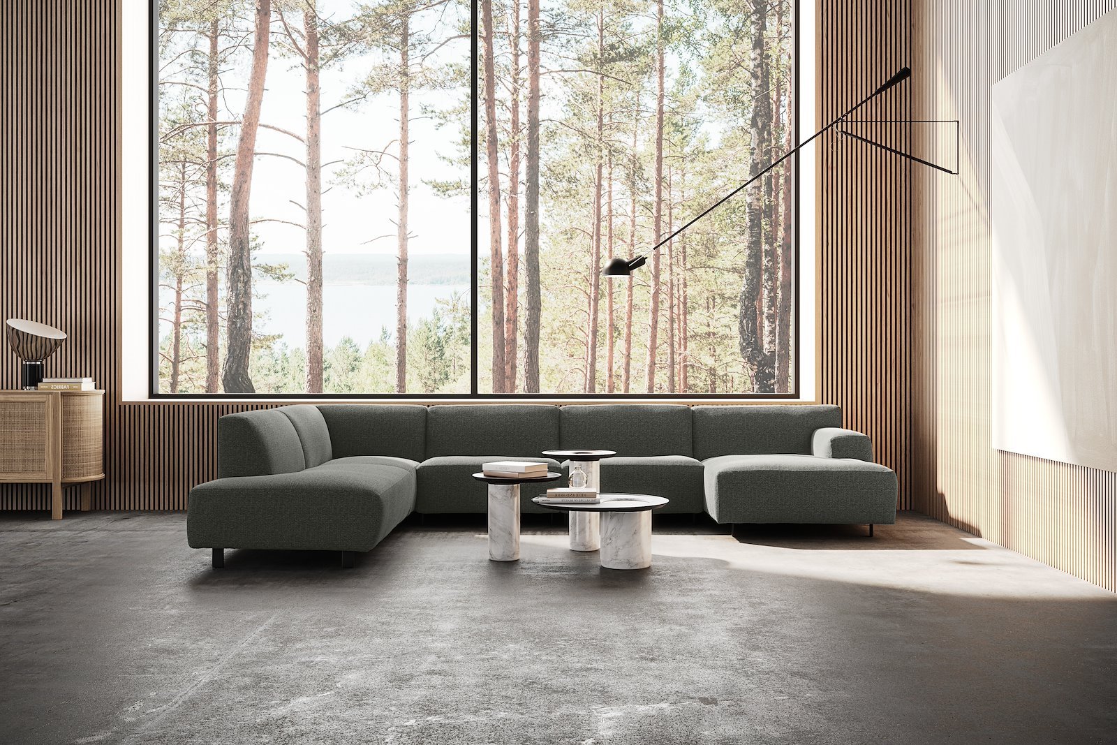 Vesta U-sofa Sjeselong høyre, 3-seter og åpen ende venstre. Big hjørnemodul, Tekstil Cortina Grey, sort metallben 10 cm, Comfort CM