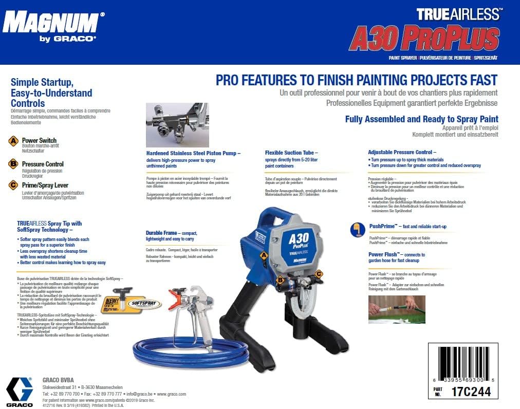 Magnum by Graco 17C244 Pistolet à Peinture airless A30 ProPLUS, Usage Domestique (débit 1 l/Min, Pression Max. 207 Bars)