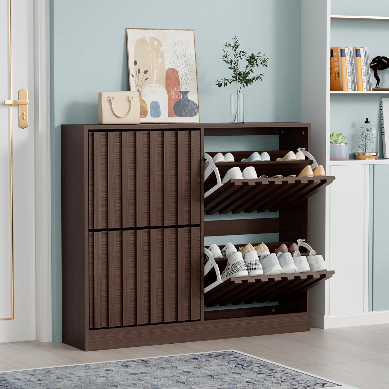 UEV Schuhschrank mit 4 Klappen Holz Schmal Schuhkipper Schuhkommode mit Kippschutz, Schuhaufbewahrung, Flurkommode Schuhregal Flur, Verstellbare Trennwände für Verschiedene Schuhtypen Dunkelbraun