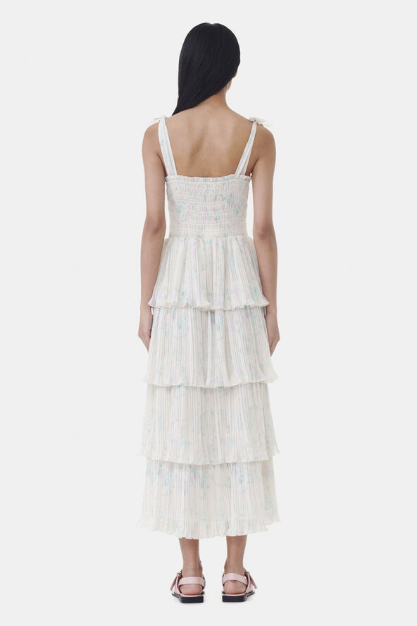 Ganni Pleated Georgette Strap Smock Midi Tofu