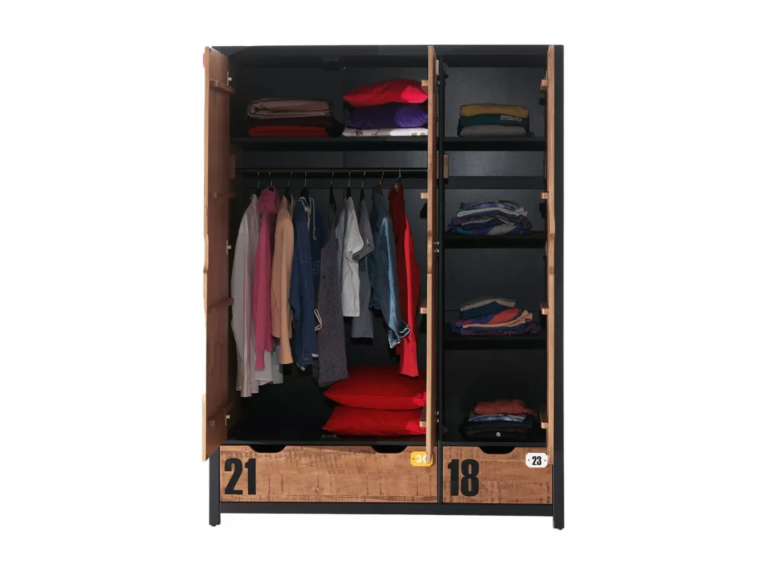 TCHAD - Armoire 3 Portes 2 Tiroirs en Pin Massif avec Motifs