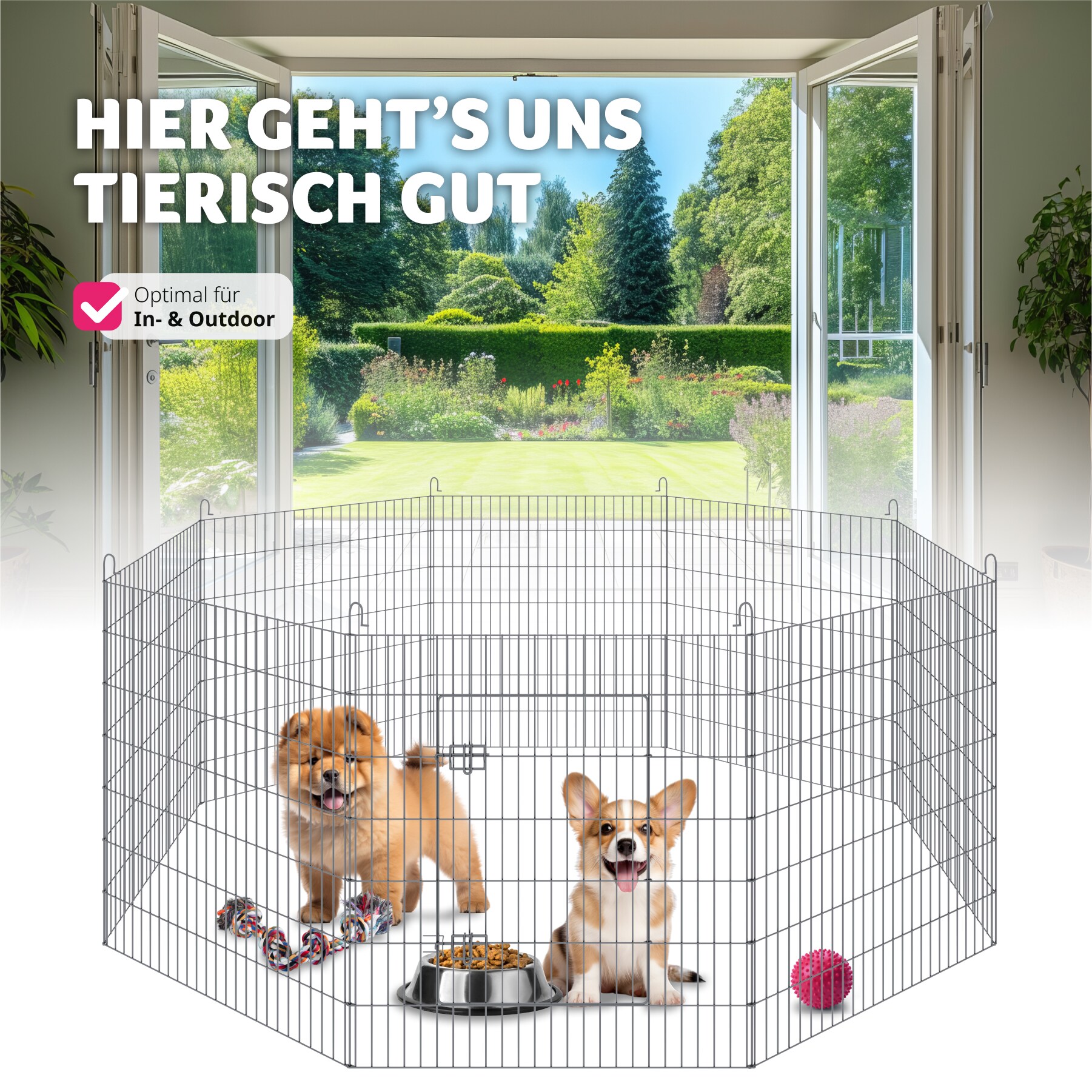 tectake® Freilaufgehege , aus 8 Gitterelementen, große Tür mit Doppelverriegelung, Ø 204 x 93 cm