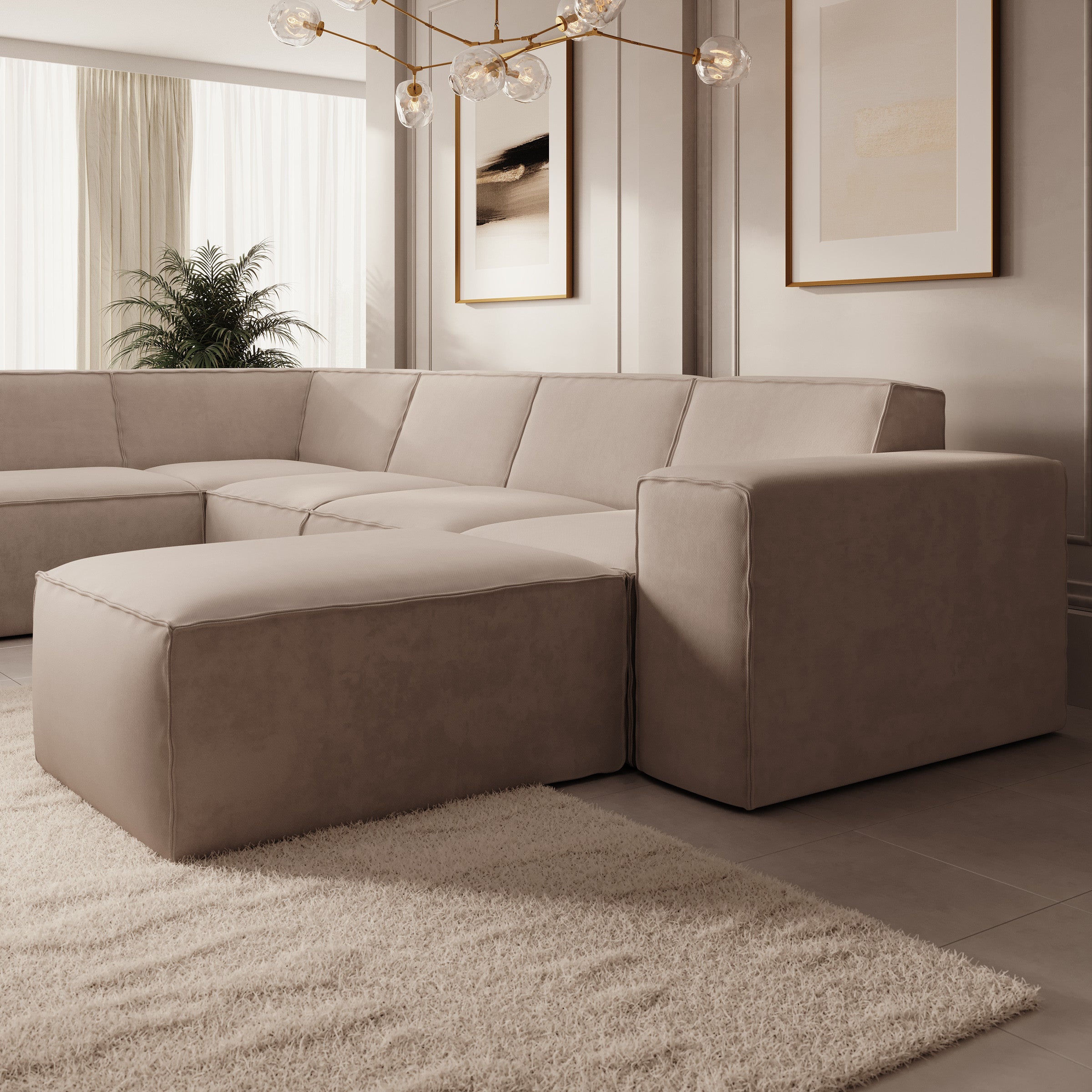 Monet XL - Hoekbank 5-zits met chaise longue - Stof beige - Rechts - 334x216x79 cm