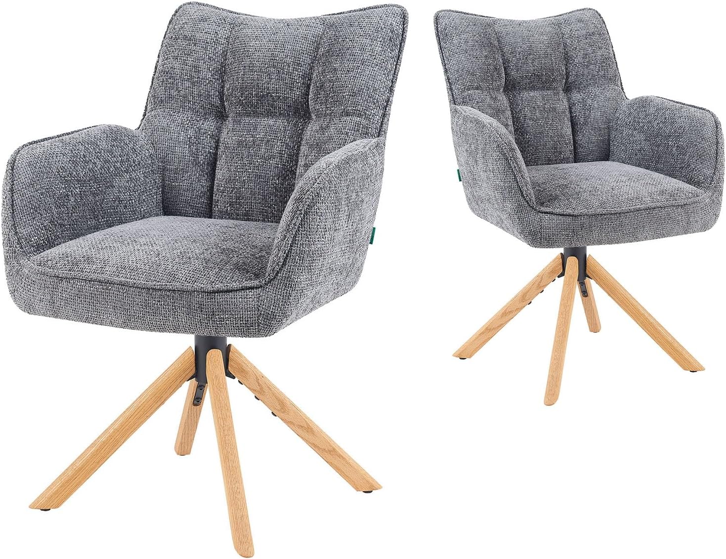 DUBI Möbel Esszimmerstühle 2er Set 360° drehbar mit Rückstellfunktion, Taschenfederkern, hoher Sitzkomfort, bis 150 kg belastbar, Stoff Grau, Eiche Massivholzgestell geölt (Natur), Mika-Ida