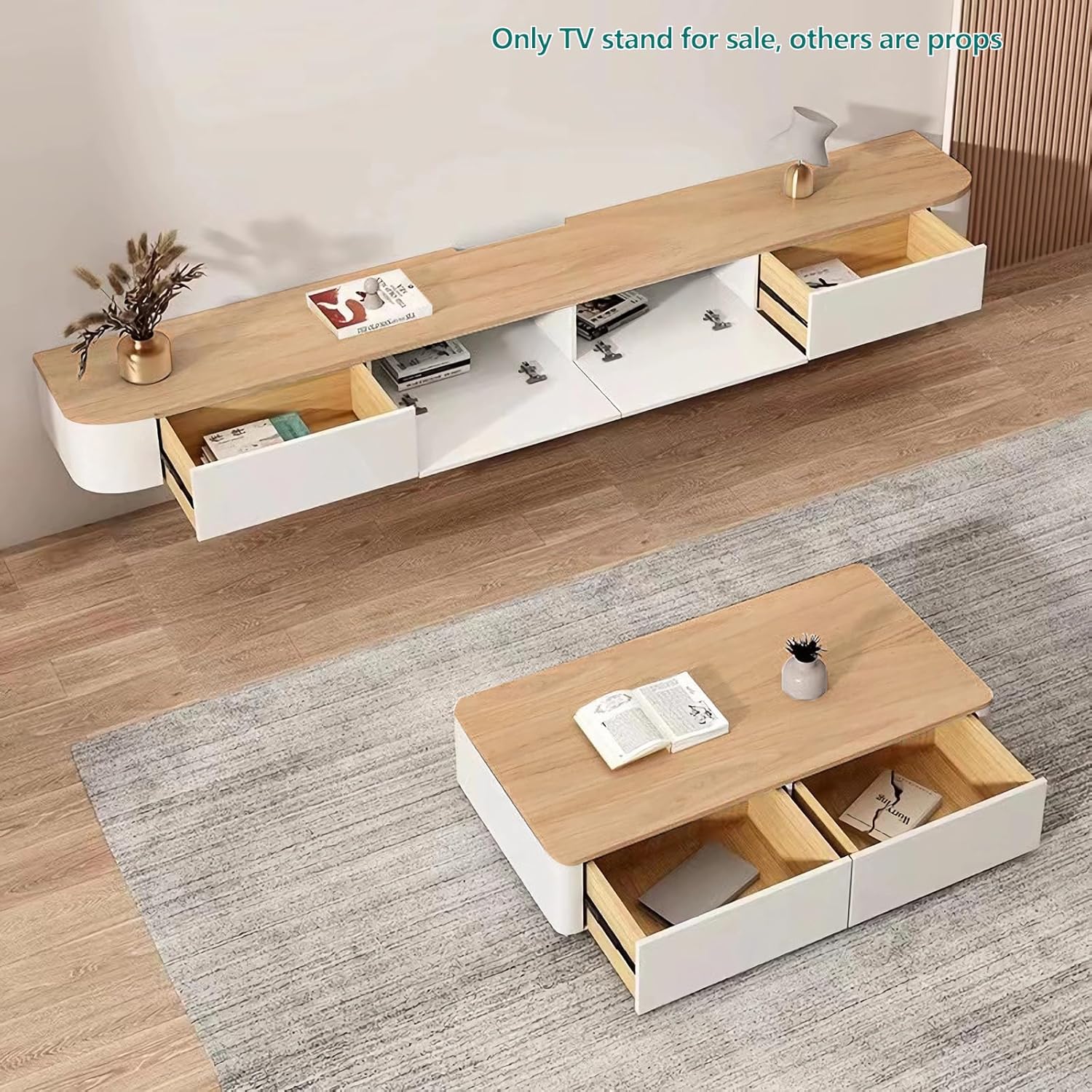 Kroscro Tv Schrank Hängend Multifunktionaler TV-Schrank aus Holz Tv Cabinet for Living Room Fernsehkommode mit Stauraum Geeignet für Wohnzimmer, Schlafzimmer (Holz+Weiß, 160cm/63in)