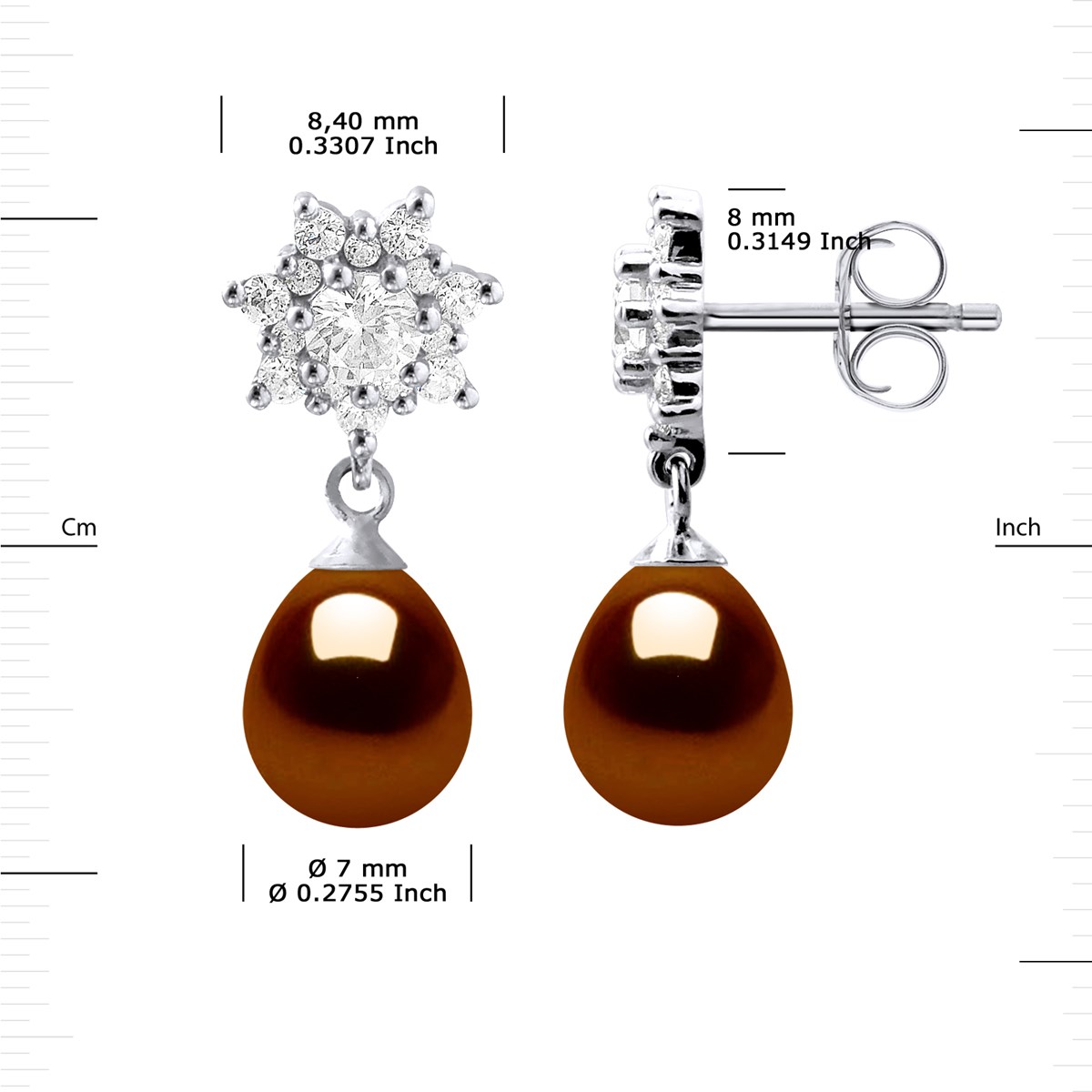Boucles d'Oreilles Pendantes Perles d'Eau Douce Poires 7-8 mm Chocolat Joaillerie Argent 925