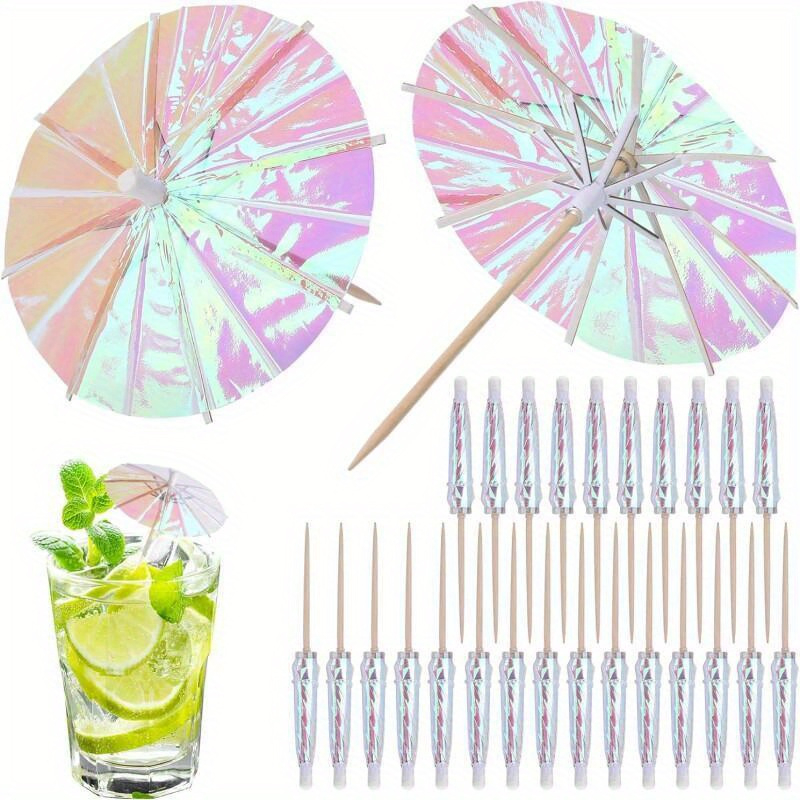 (50er Set) Irisierende Papier Cocktail Schirmchen Party Spiesse Deko Getränke Schirm - Rosa