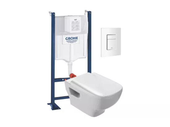 WC suspendu sans bride Jacob Delafon Struktura + abattant + Bâti support + Even Plaque de commande WC carré blanc