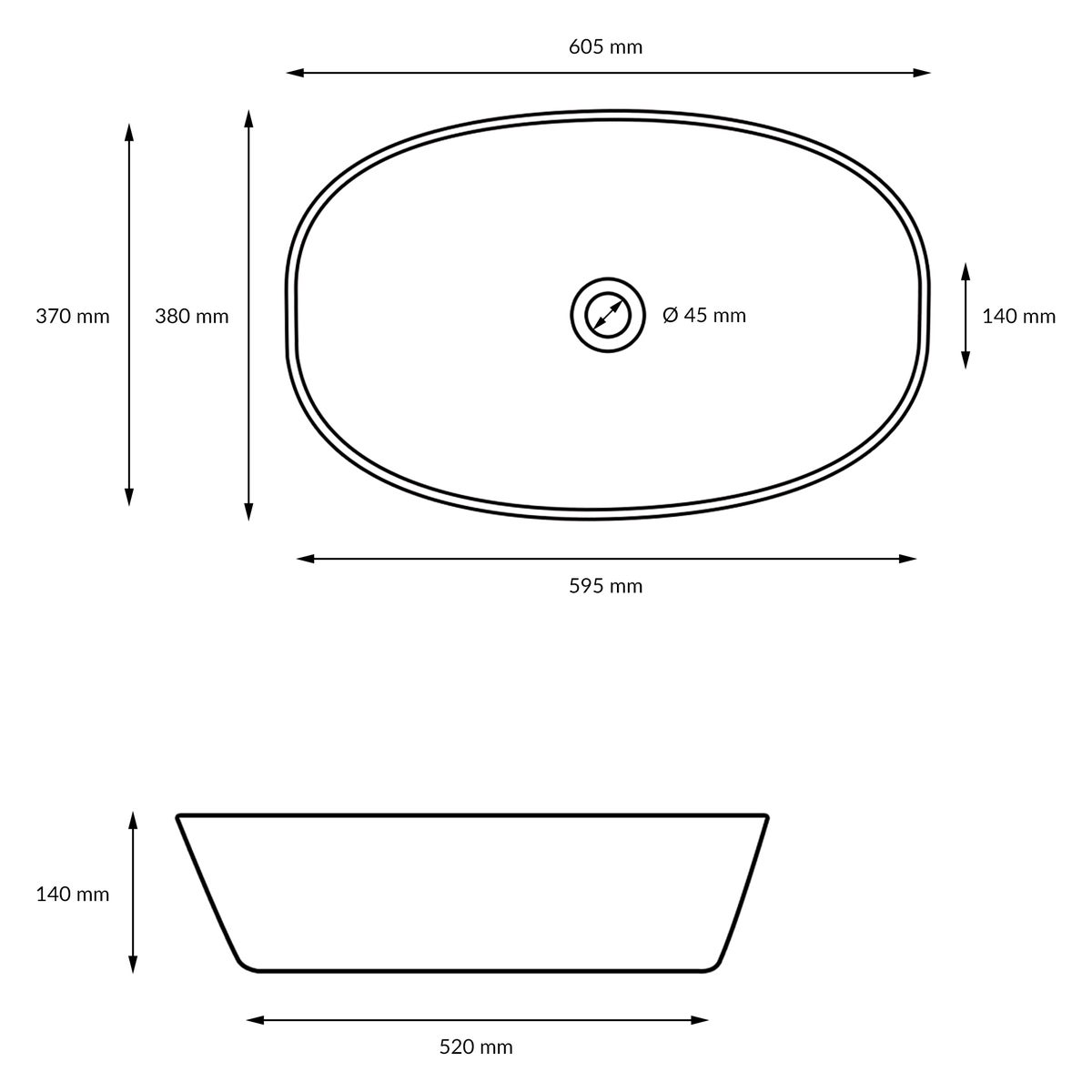 ECD Germany Wastafelmeubel 605x380x140 mm Keramiek Ovaal Wit incl. Afvoergarnituur voor Wastafels zonder Overloop Opzetwastafel Opzetwastafel Opzetmeubel Waskom Spoelbak