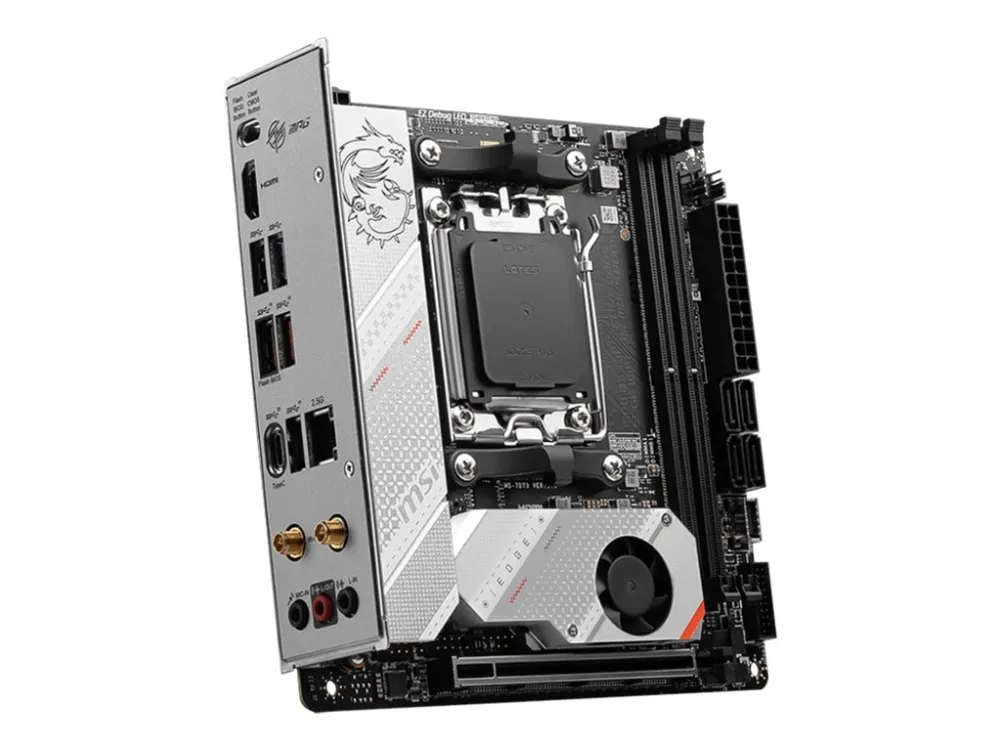 MSI MPG B650I EDGE WIFI - Bundkort - mini ITX - Socket AM5 - AMD B650 Chipset - USB 3.2 Gen 2, USB-C 3.2 Gen2, USB 3.2 Gen 1, USB-C 3.2 Gen 2x2 - 2.5 Gigabit LAN, Wi-Fi 6, Bluetooth - onboard grafik (CPU påkrævet) - HD Audio (8-kanaler)