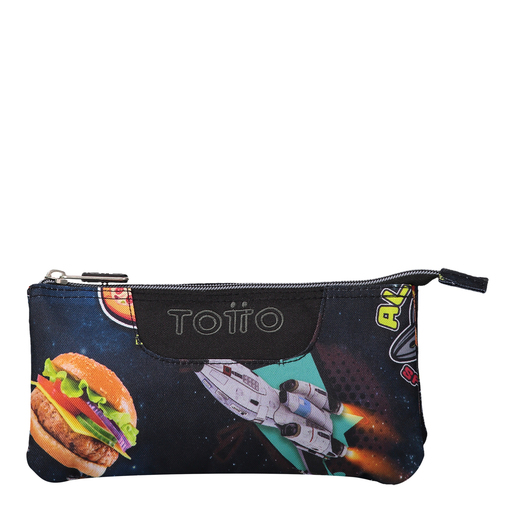 Estojo escolar Totto com 3 compartimentos, estampa galáxia e prancheta.
