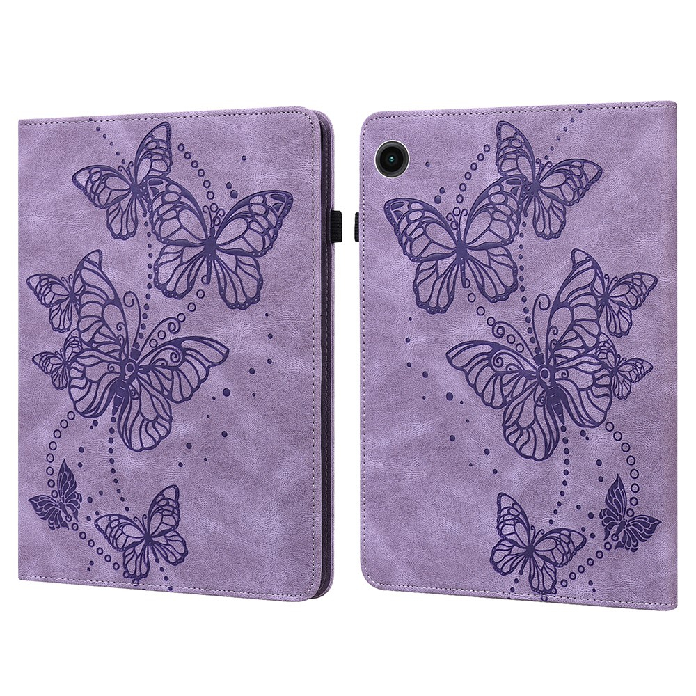 Samsung Galaxy Tab A11 / A9 Leder Tasche Flip Cover Butterflies Imprint   S-Pen Halterung - Lila