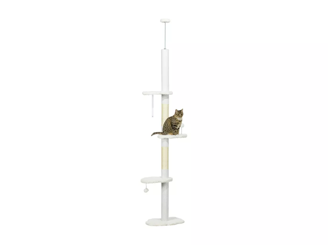 Arbre à chat réglable en hauteur 225-255 cm - tour pour chat 3 griffoirs nuages, 2 balles - blanc
