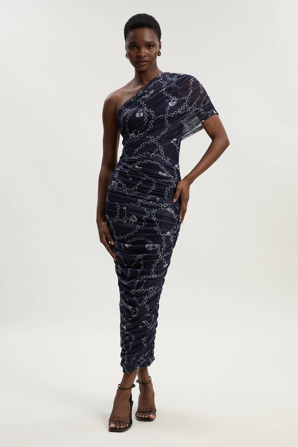 KarenMillen Robe Mi-Longue Asymétrique en Maille Imprimé Chaîne Petite Taille