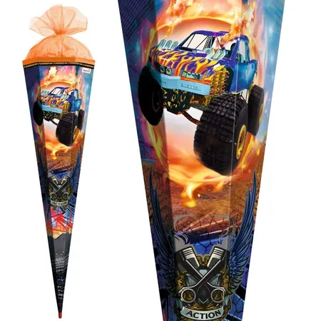 Roth Motiv-Schultüte, Monstertruck Fire, 85cm, eckig, Rot(h)-Spitze, Tüllverschluss, Spezialborte
