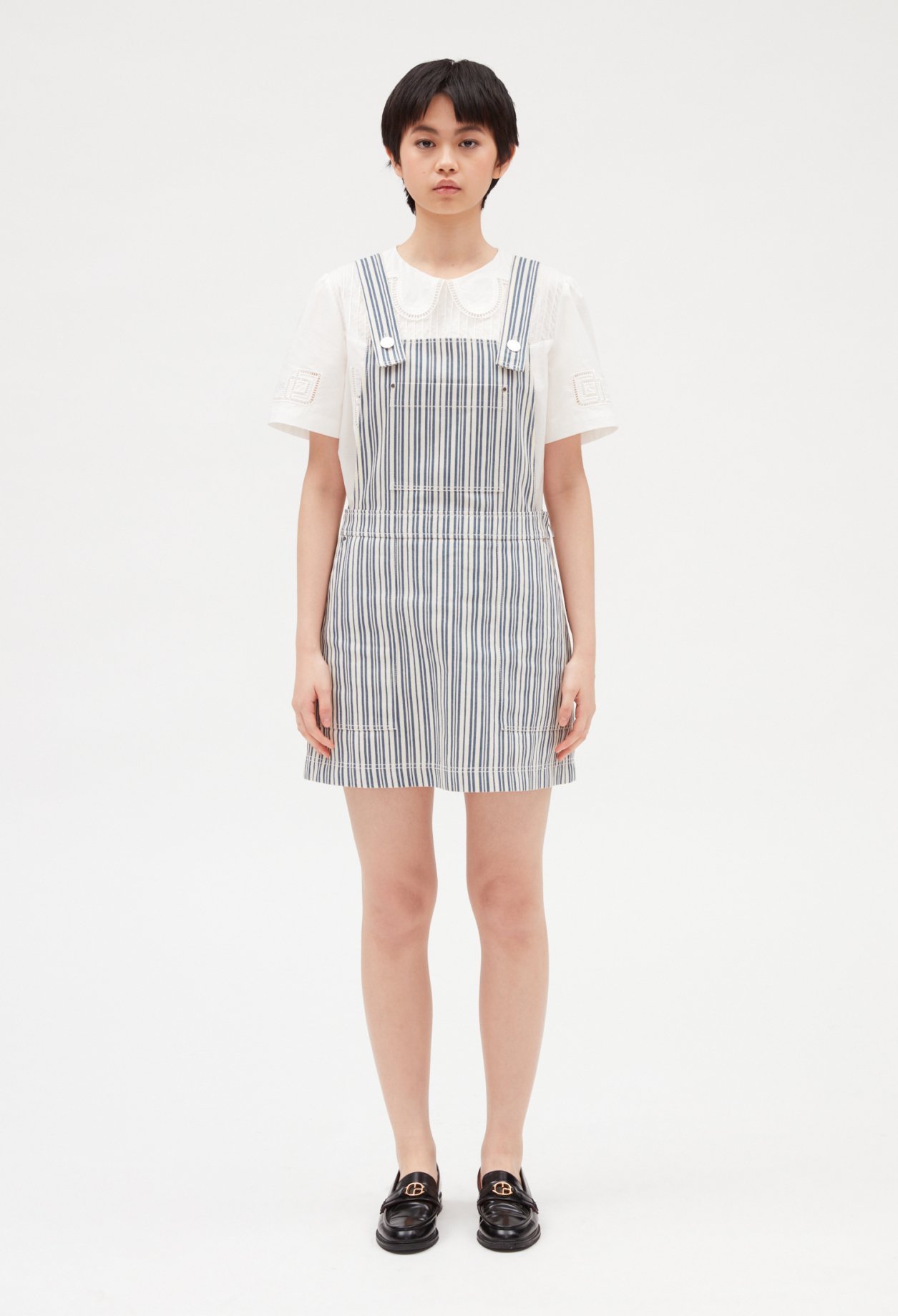 Robe salopette courte denom &agrave; rayures
