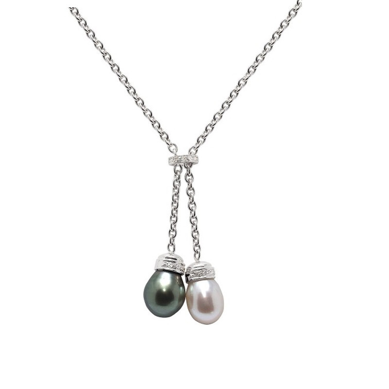 Collier en Or Blanc massif 750/1000, Diamants et Perle de Culture Blanche et Perle de Tahiti