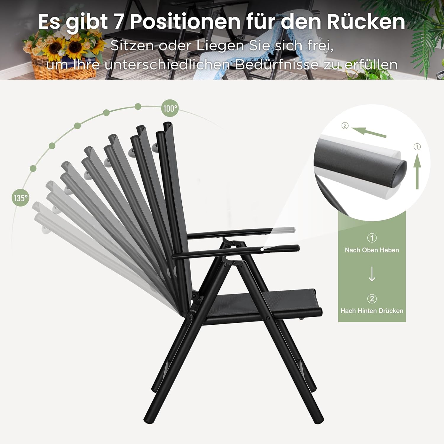 PHI VILLA Gartenmöbel Set Balkonmöbel Gartentisch mit Stühlen152×90 Metall Gartentisch 7-Fach Verstellbar Hochlehner Klappbar Sets of 6, Terassenmöbel Außen Wetterfest Schwarz