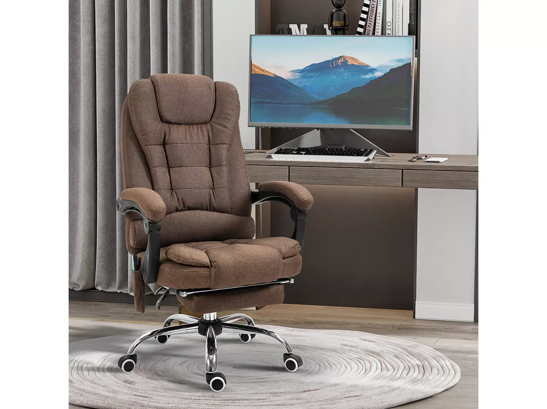 Fauteuil de bureau direction massant chauffant hauteur réglable dossier inclinable tissu aspect lin marron