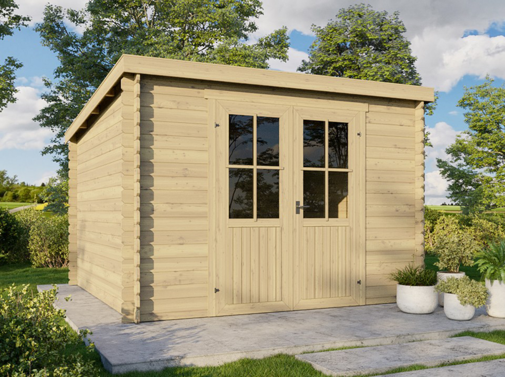 Abri de jardin bellagio 8m2 - epaisseur des madriers : 28mm - cabanon - stockage velo / outils - double porte - fermeture a clé