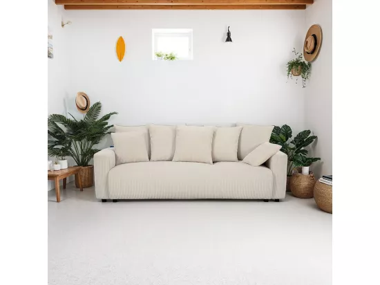 Canapé convertible 3 places en velours côtelé beige avec coffre de rangement - Uma