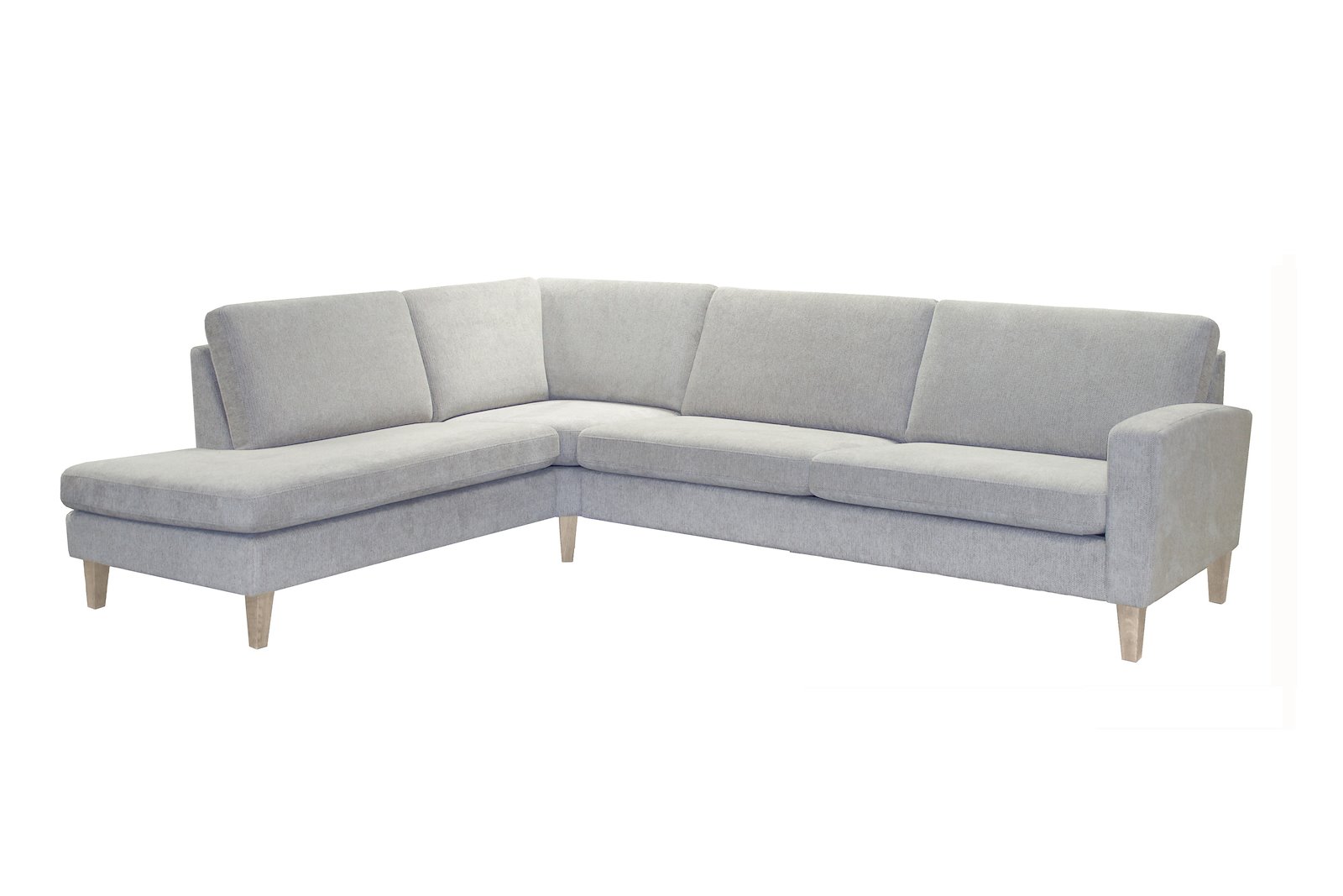 Noor Lux hjørnesofa Oppsett X 2,5-seter med åpen ende venstre i tekstil Mia Beige med vange 1 og ben 20 i hvitoljet eik
