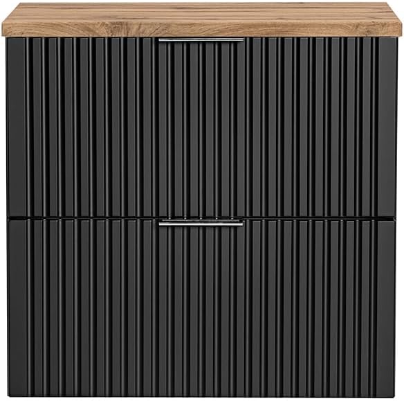 Lomadox Badezimmermöbel Waschtisch-Unterschrank 60cm matt schwarz mit Eiche Nb., gerilllte Front Waschbecken Badschrank mit 2 Softclose-Auszügen, B/H/T ca. 60,6/59,2/46,5 cm