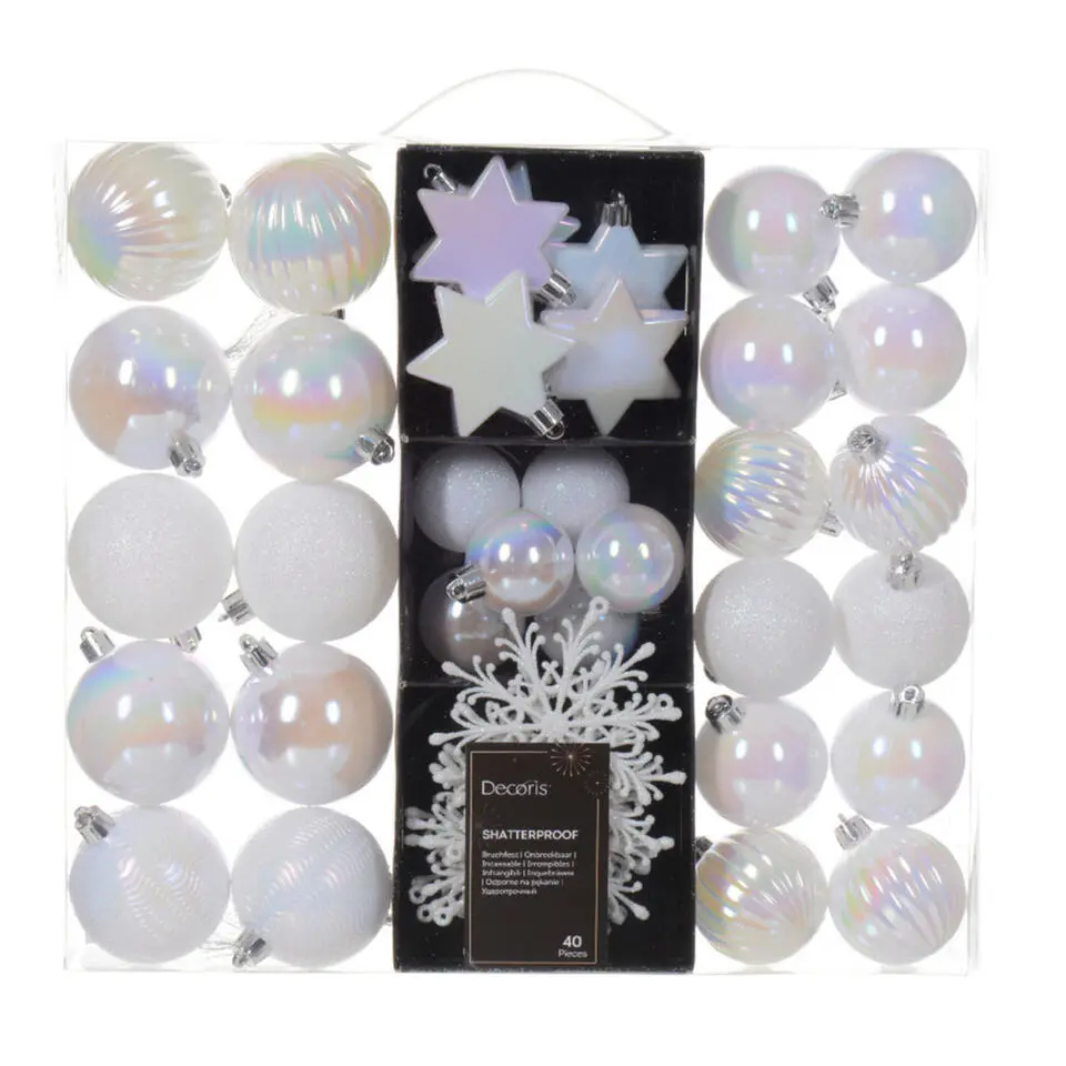 Decoris kerstballen en ornamenten - 40x - kunststof - parelmoer wit - mix