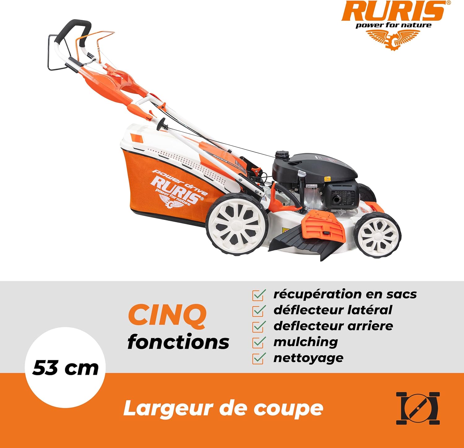 RURIS Power for Nature Tondeuse à Gazon Thermique RX555s Moteur Honda 5,2 CV, 202cc, 530mm, Sac 65l, propulsee Automatique, 5 in 1: Ramassage, Éjection Arrière et Latérale, Mulching, Nettoyage