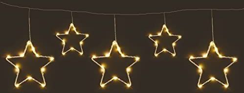 Spetebo Led-lichtgordijn met 5 metalen sterren, warmwit, 120 x 30 cm, kerstlichtketting met timerfunctie, raamdecoratie, verlichting, advent, Kerstmis, winter, werkt op batterijen