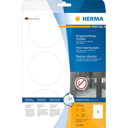 HERMA Schilder, strapazierfähig, stark haftend, weiß, Ø 85mm, 150 Stück