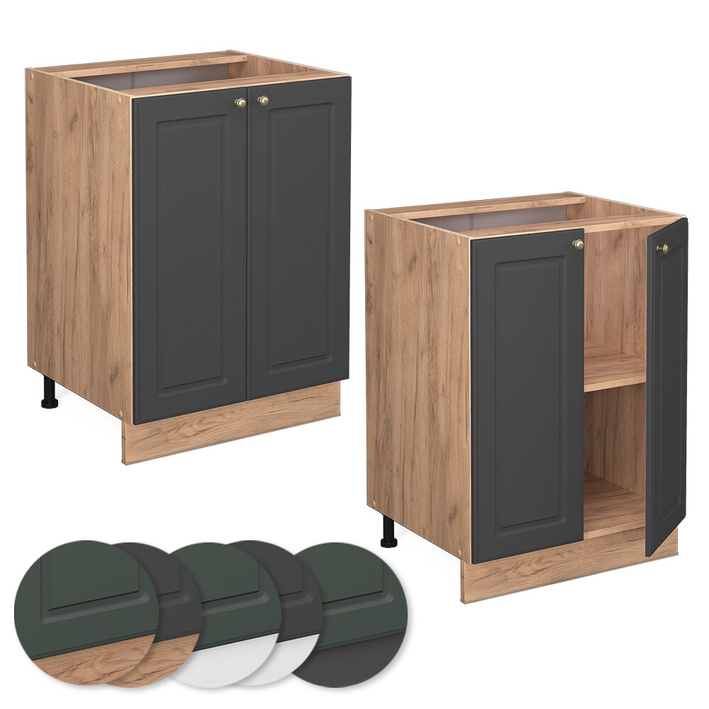 Vicco Unterschrank Küchenschrank Küchenmöbel Fame-Line Eiche Anthrazit-Gold Landhaus 60 cm Küche Einbauküche Drehtür Einlegeboden Blende Küchenzeile