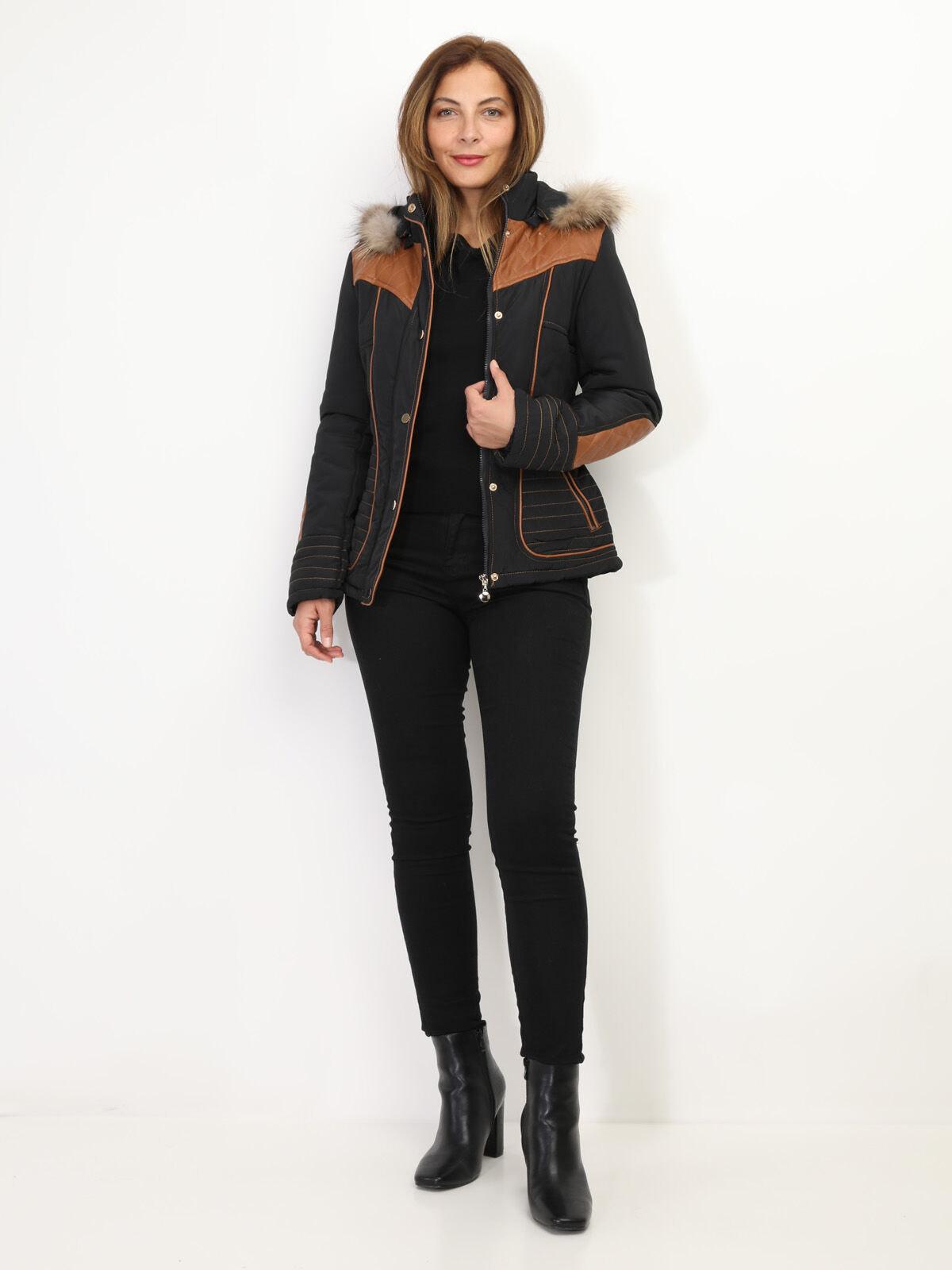 Manteau bi-matière à capuche- Noir