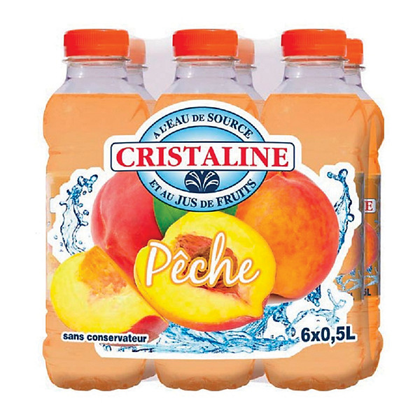 Eau plate aromatisée CRISTALINE parfum pêche, lot de 6 bouteilles de 50 cl