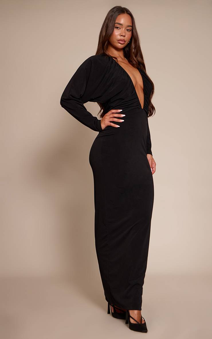 Noir Robe Maxi Moulante À Manches Chauve-souris Col Plongeant Froncée En Tissu Slinky Plt Label
