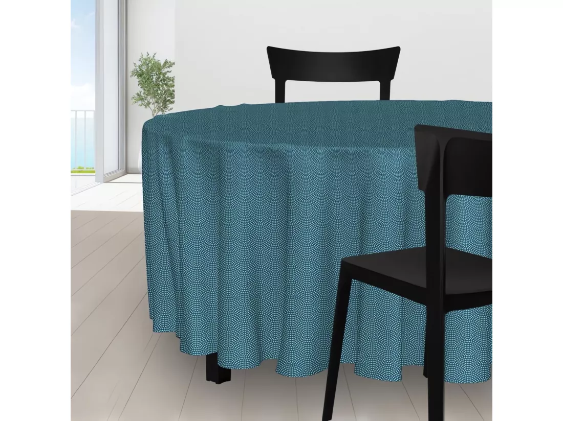Nappe ronde diamètre 180 cm PAON bleu atoll, par Soleil d'Ocre