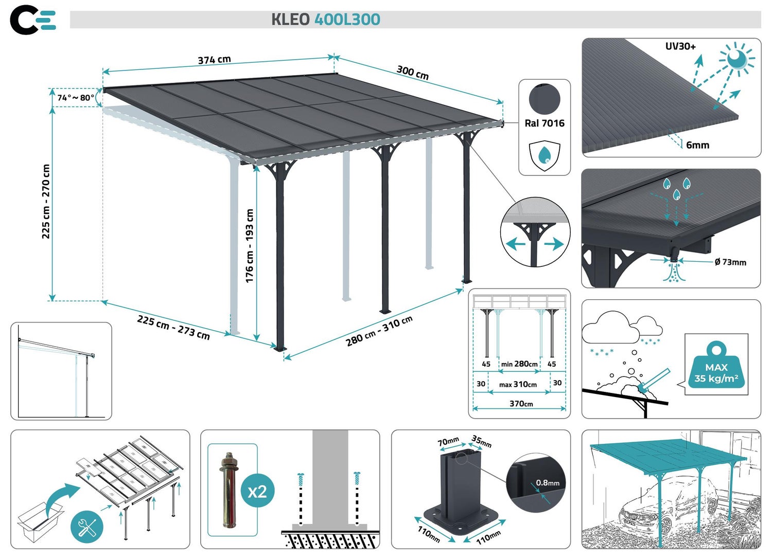 Terrasoverkapping/carport KLEO 400L300 aluminium grijs