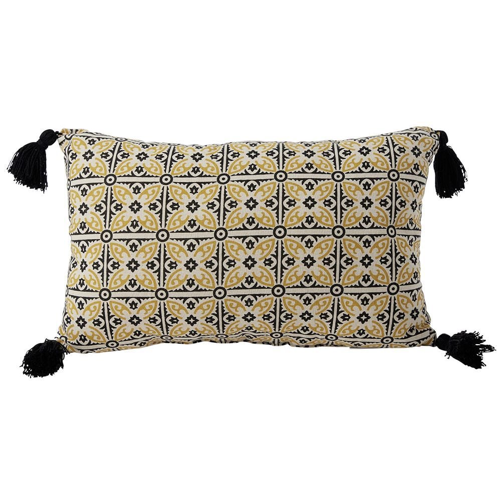 Coussin déco 30x50cm pompons beige et noir