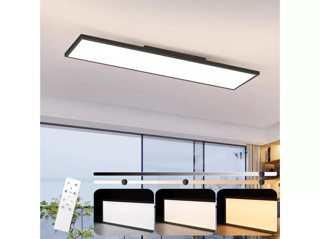 NETTLIFE Plafonnier LED à intensité variable 100x25 cm avec télécommande noir 24W