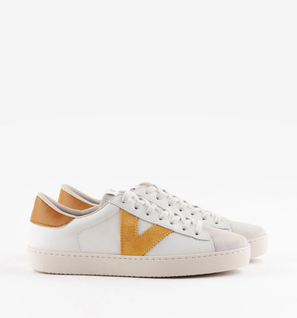 BERLÍN CUIR & CUIR FENDU Baskets blanches unisexes en cuir MOSTAZA