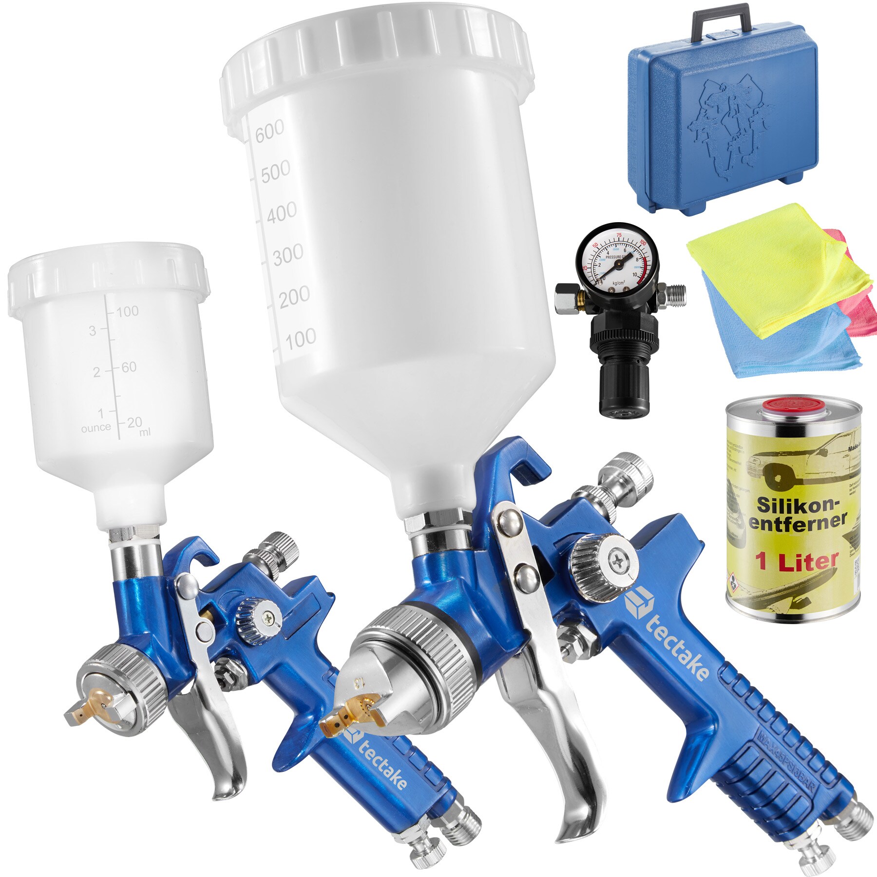 tectake® HVLP-Lackierpistolen-Set, 0,8 / 1,3 mm-Düse, korrosionsbeständig, inklusive Silikonentferner, Mikrofasertücher und Kunststoffkoffer