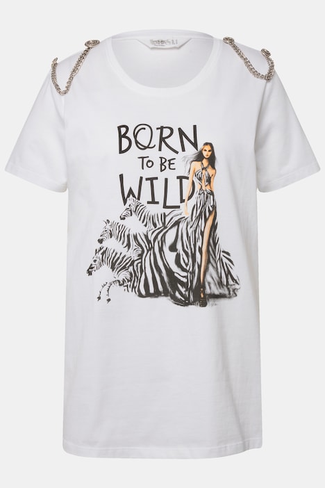 T-Shirt, Zebra-Motiv, Rundhals, Halbarm mit Zierkette