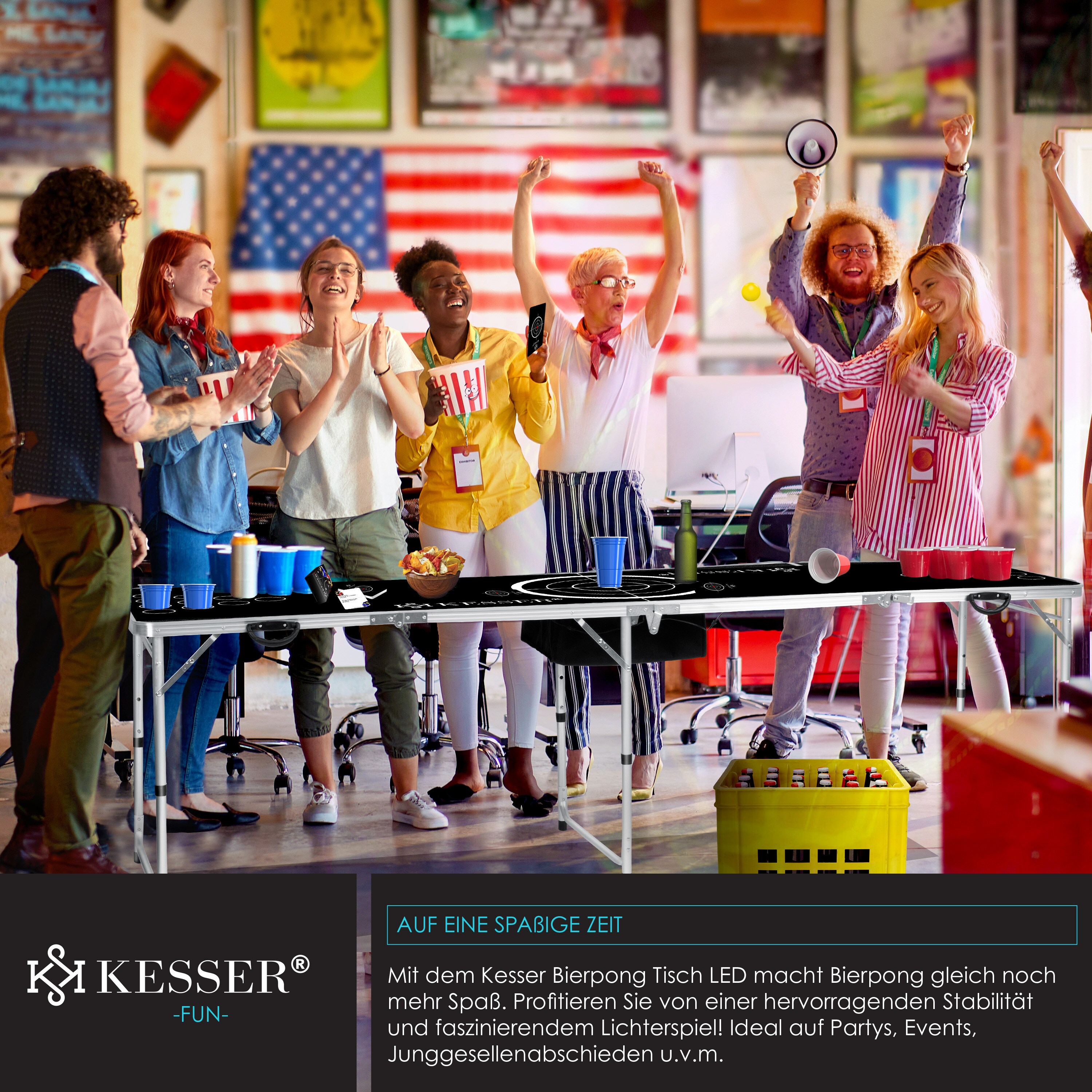 KESSER® Beer Pong Tisch Set mit Kartenspiel Trinkspiel - inkl. 100 Becher (50 Rot & 50 Blau), 6 Bälle + Regelwerk Partyspiele Table Höhenverstellbar Klappbarer
